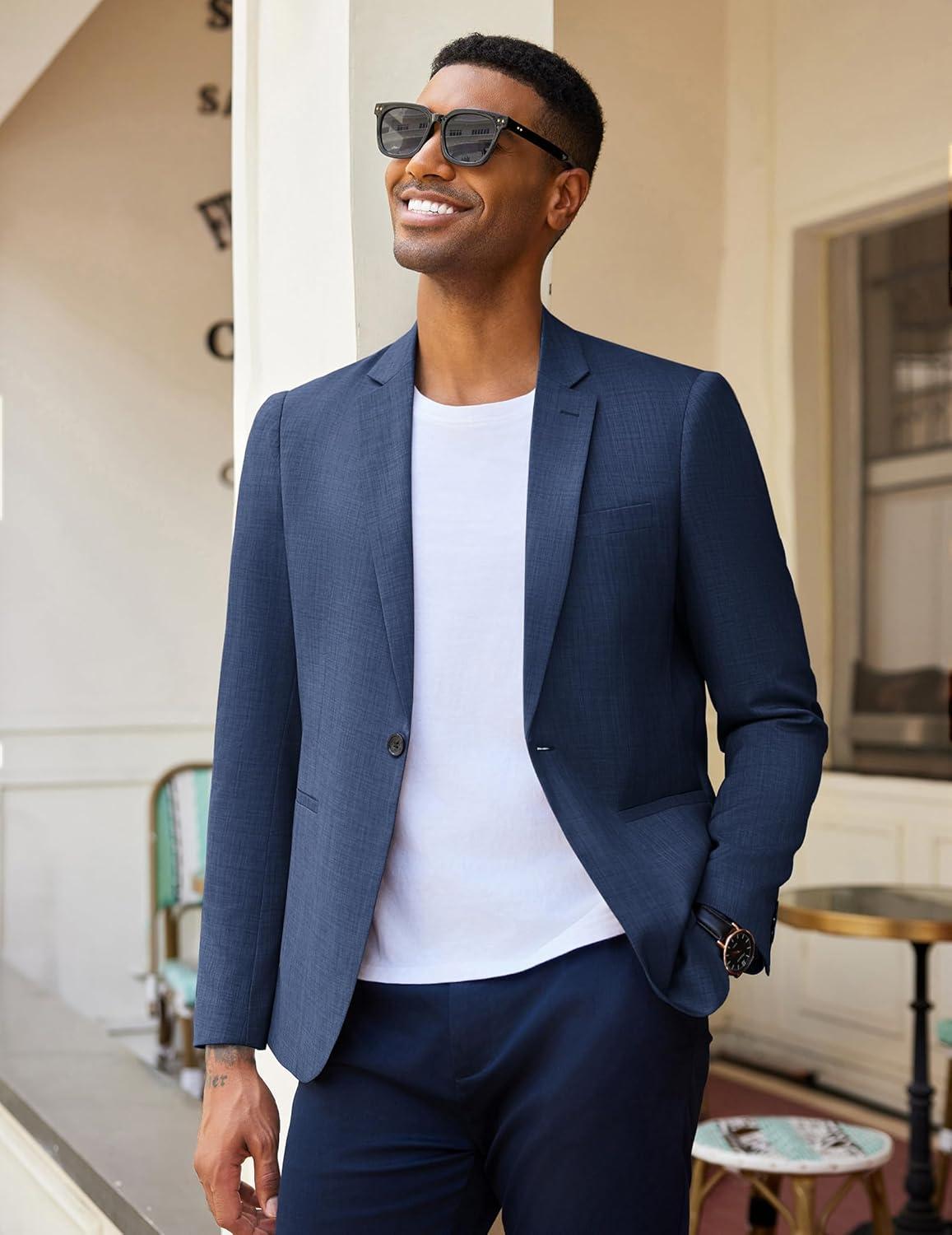 imageCOOFANDY Mens Casual Blazer Slim Fit Lightweight Sport Coat One Button Suit JacketNavy