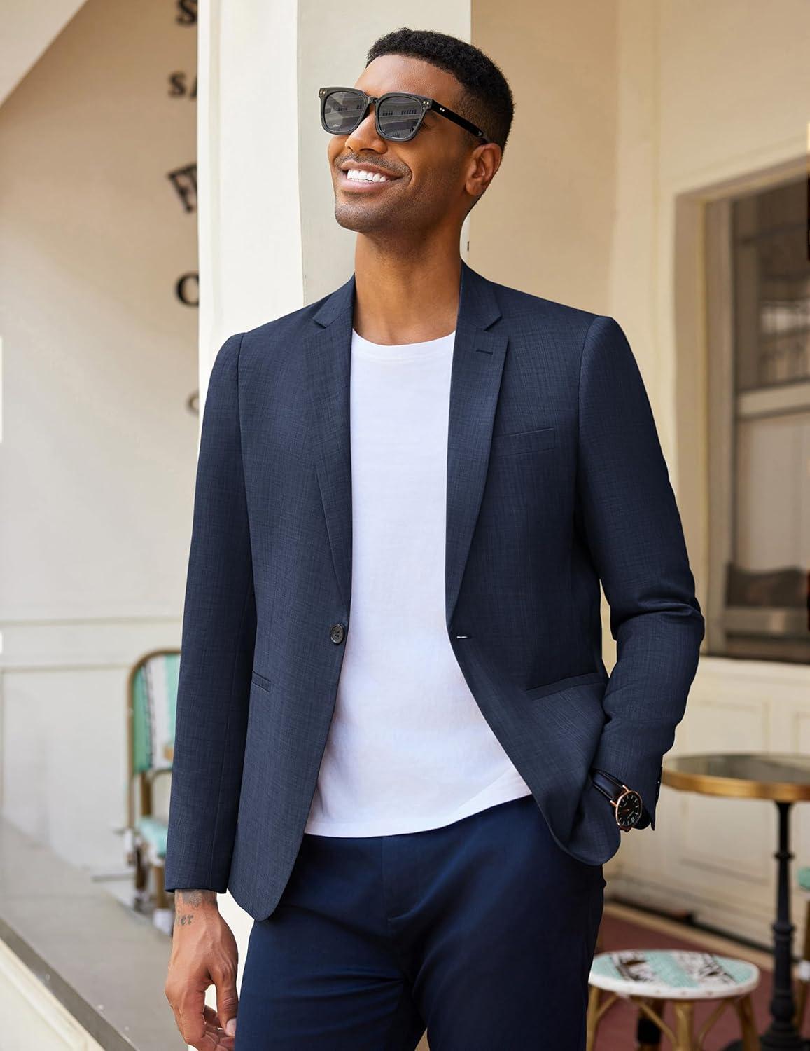 imageCOOFANDY Mens Casual Blazer Slim Fit Lightweight Sport Coat One Button Suit JacketNavy Blue