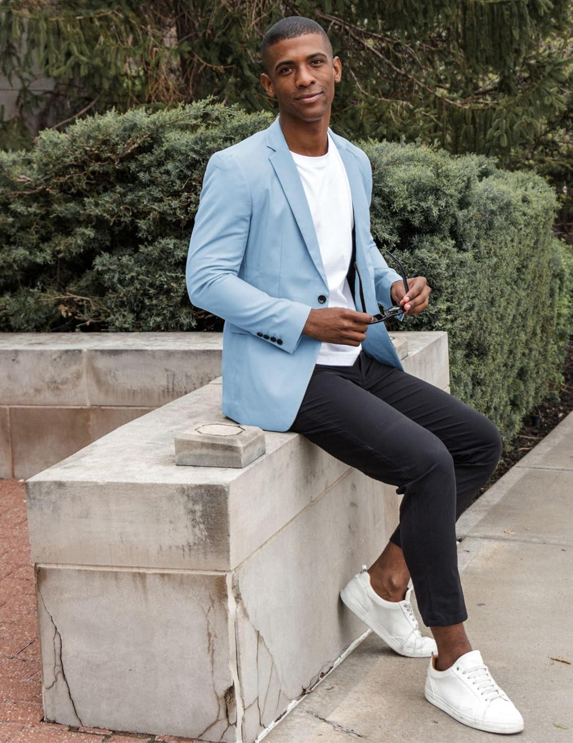 imageCOOFANDY Mens Casual Blazer Slim Fit Sport Coats One Button Business Suit JacketLight Blue