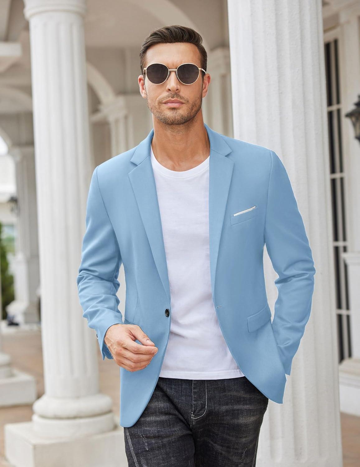 imageCOOFANDY Mens Casual Blazer Slim Fit Sport Coats One Button Business Suit JacketLight Blue