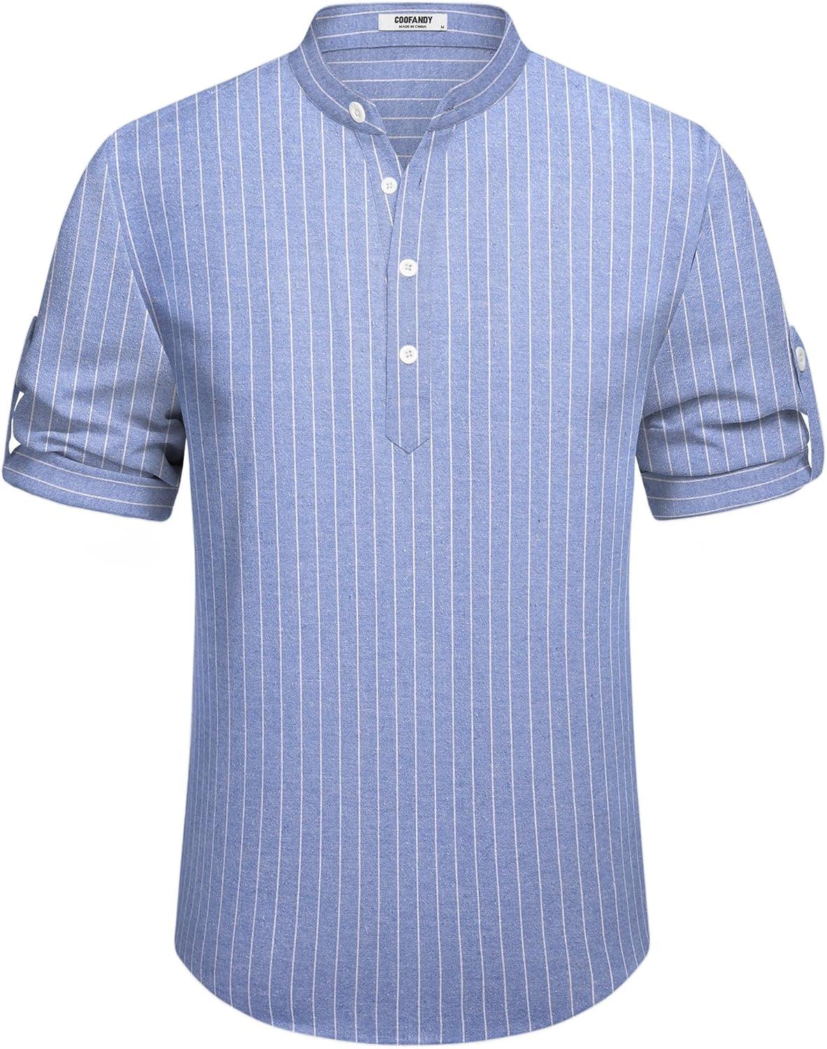 imageCOOFANDY Mens Casual Henley Shirt Short Sleeve Band Collar Linen Shirt Summer Beach Hippie TShirtsStriped Blue