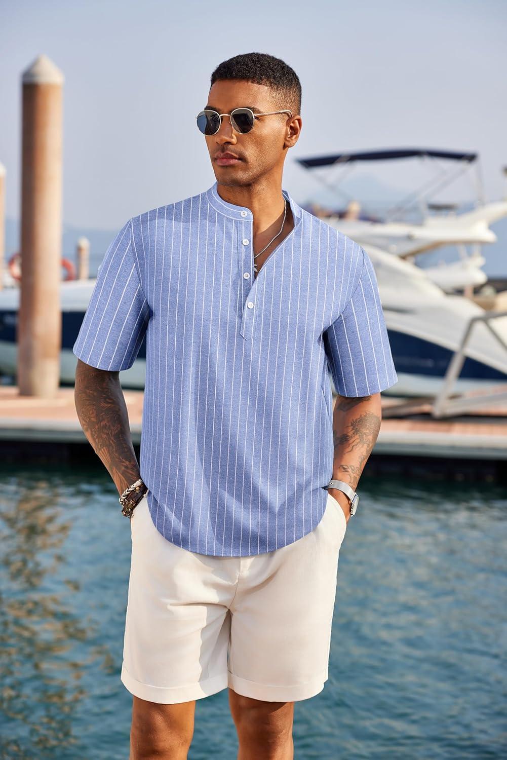 imageCOOFANDY Mens Casual Henley Shirt Short Sleeve Band Collar Linen Shirt Summer Beach Hippie TShirtsStriped Blue