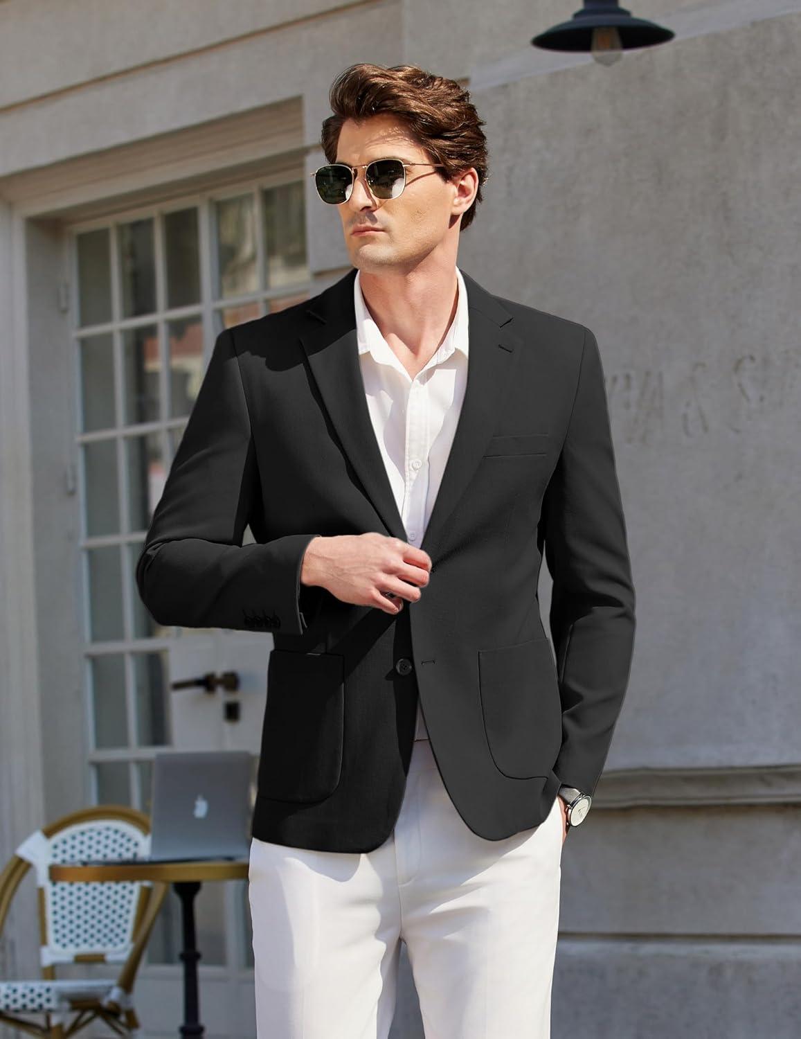 imageCOOFANDY Mens Casual Sport Coat Blazer Two Buttons Knit Lightweight Suit JacketsBlack