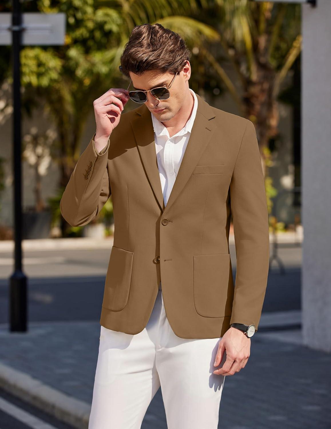 imageCOOFANDY Mens Casual Sport Coat Blazer Two Buttons Knit Lightweight Suit JacketsBrown