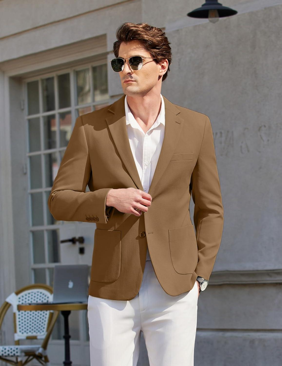 imageCOOFANDY Mens Casual Sport Coat Blazer Two Buttons Knit Lightweight Suit JacketsBrown