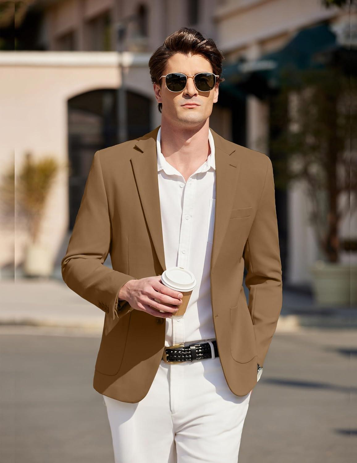 imageCOOFANDY Mens Casual Sport Coat Blazer Two Buttons Knit Lightweight Suit JacketsBrown