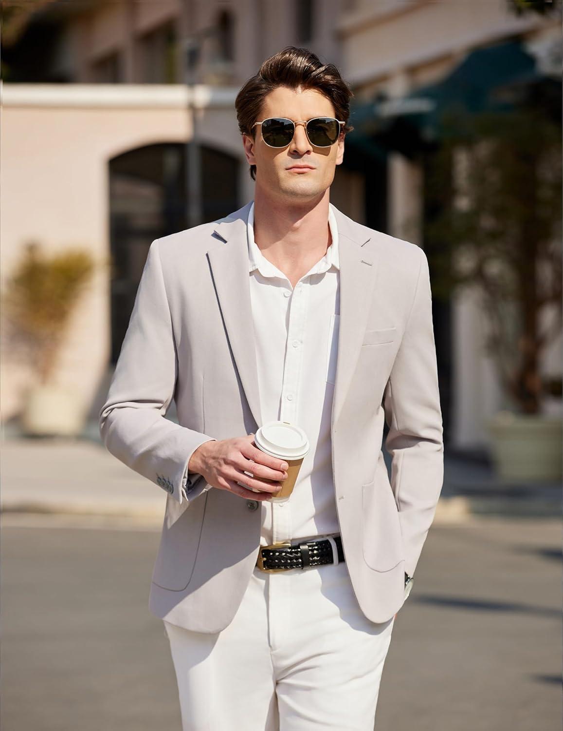 imageCOOFANDY Mens Casual Sport Coat Blazer Two Buttons Knit Lightweight Suit JacketsLight Grey