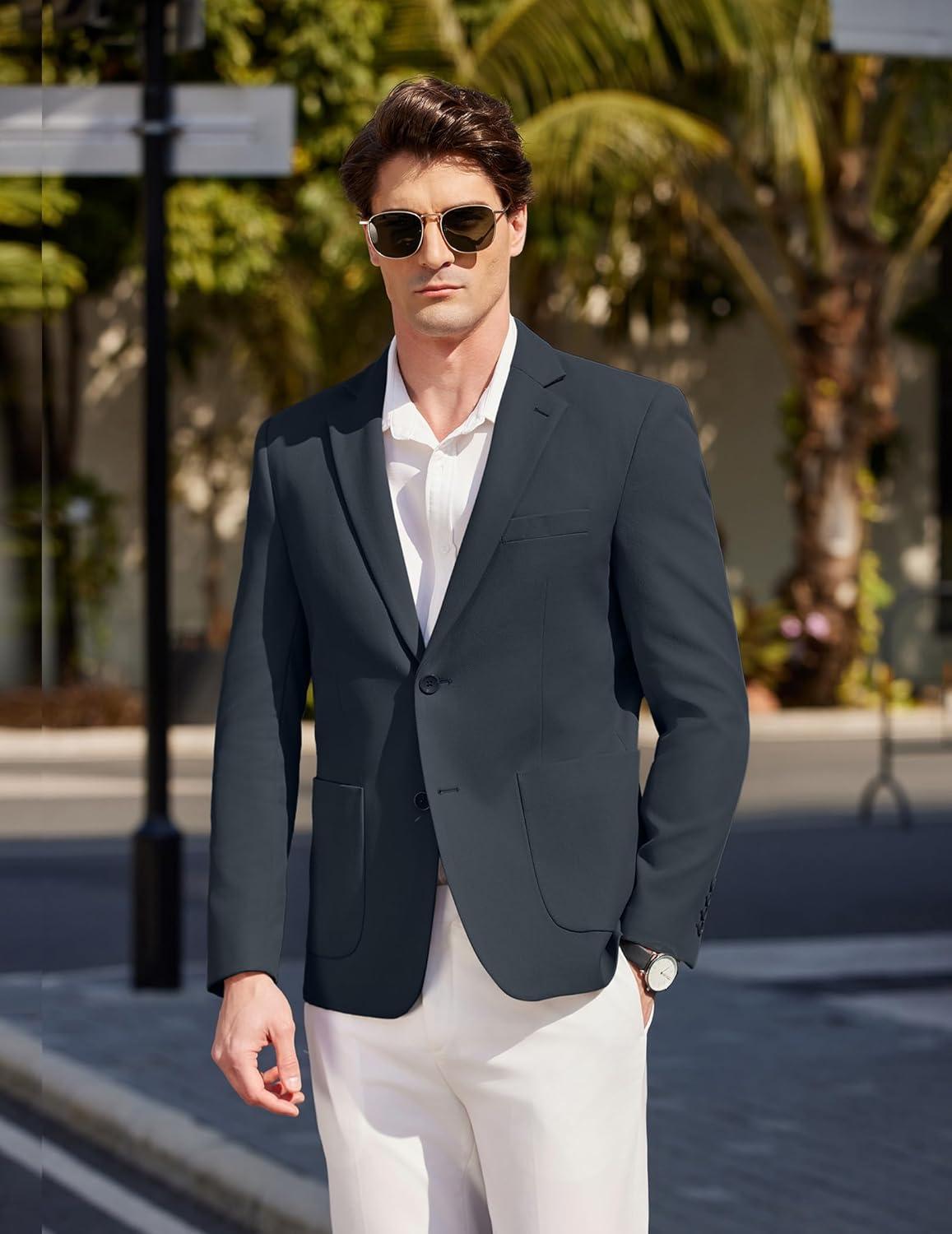 imageCOOFANDY Mens Casual Sport Coat Blazer Two Buttons Knit Lightweight Suit JacketsNavy