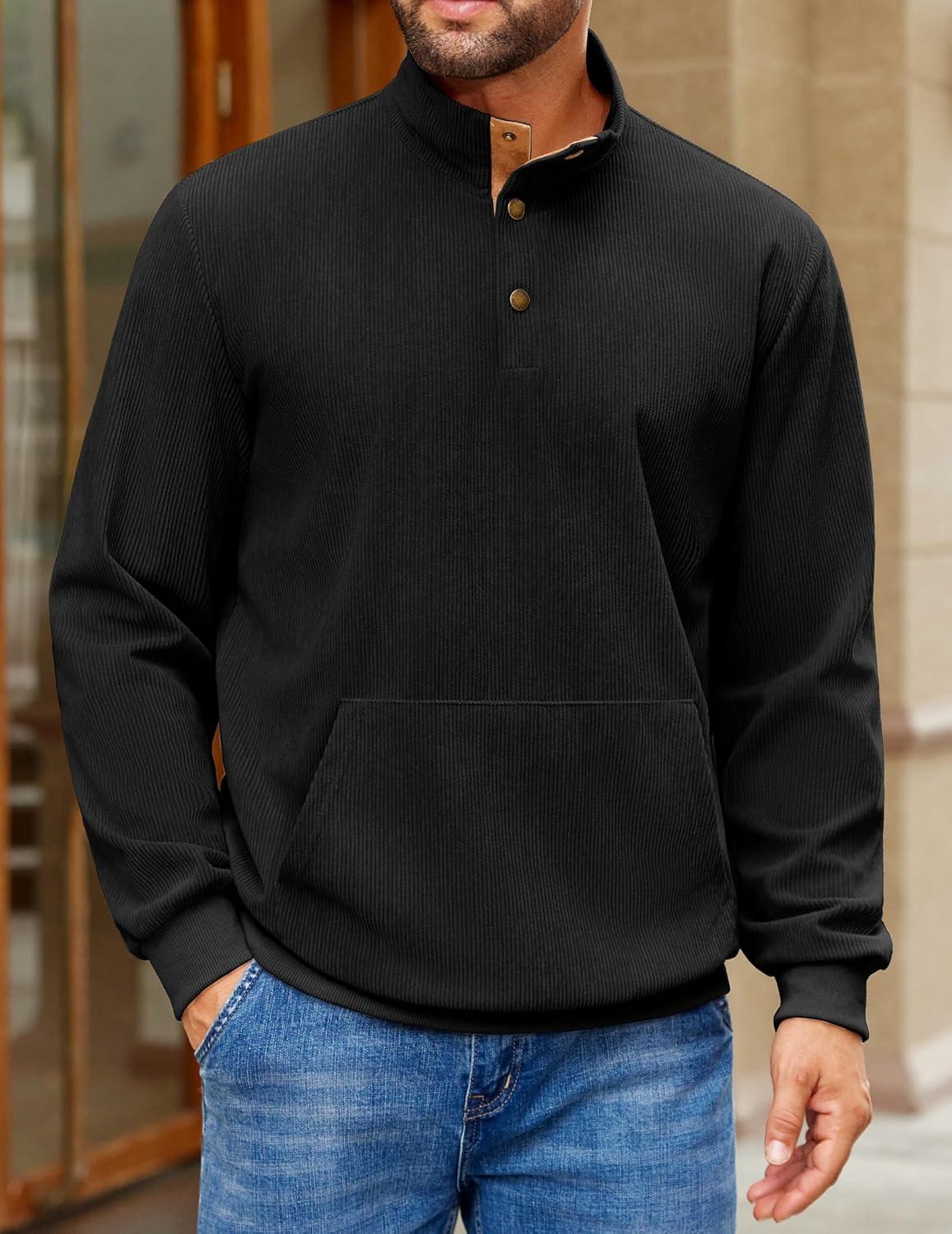 imageCOOFANDY Mens Corduroy Sweatshirt Long Sleeve Pullover Quarter Button Fall Sweat ShirtsBlack