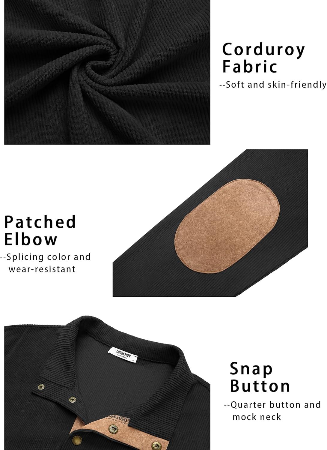 imageCOOFANDY Mens Corduroy Sweatshirt Long Sleeve Pullover Quarter Button Fall Sweat ShirtsBlack