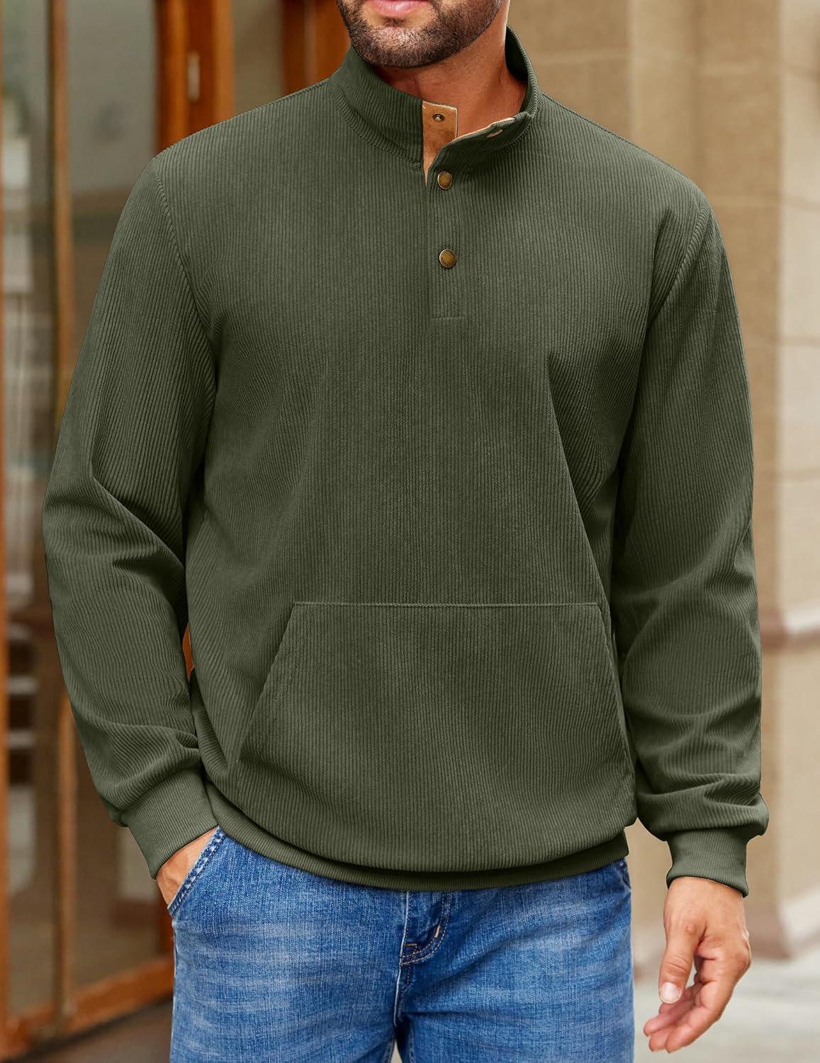 imageCOOFANDY Mens Corduroy Sweatshirt Long Sleeve Pullover Quarter Button Fall Sweat ShirtsDark Army Green