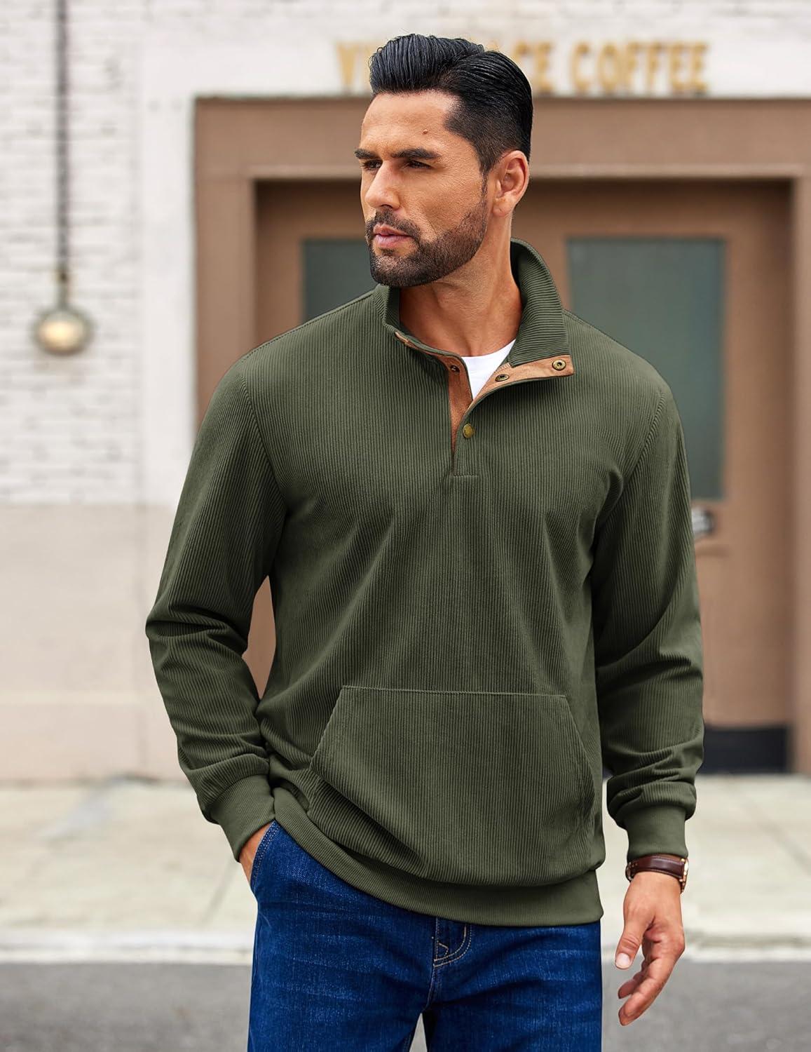imageCOOFANDY Mens Corduroy Sweatshirt Long Sleeve Pullover Quarter Button Fall Sweat ShirtsDark Army Green