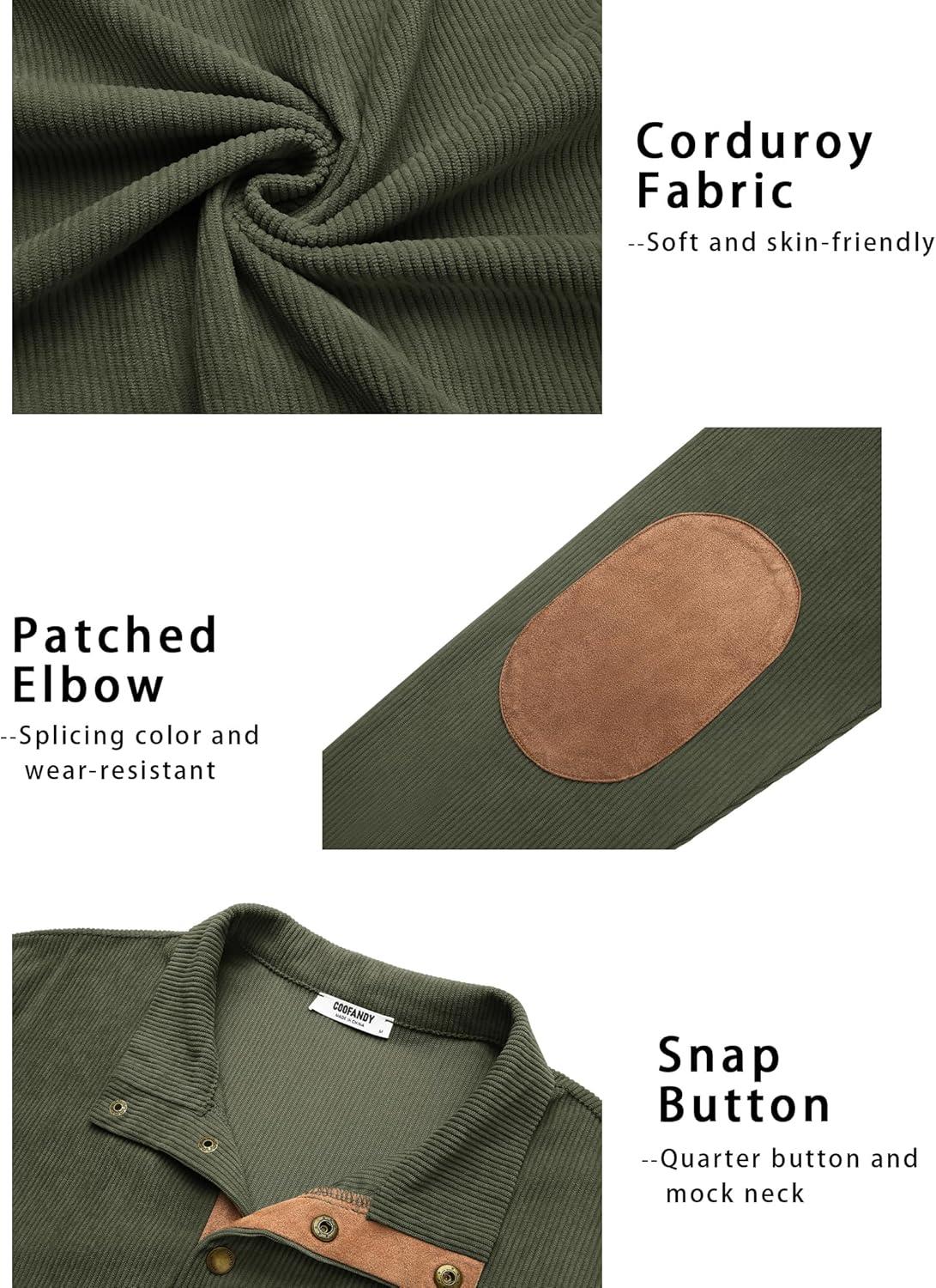imageCOOFANDY Mens Corduroy Sweatshirt Long Sleeve Pullover Quarter Button Fall Sweat ShirtsDark Army Green