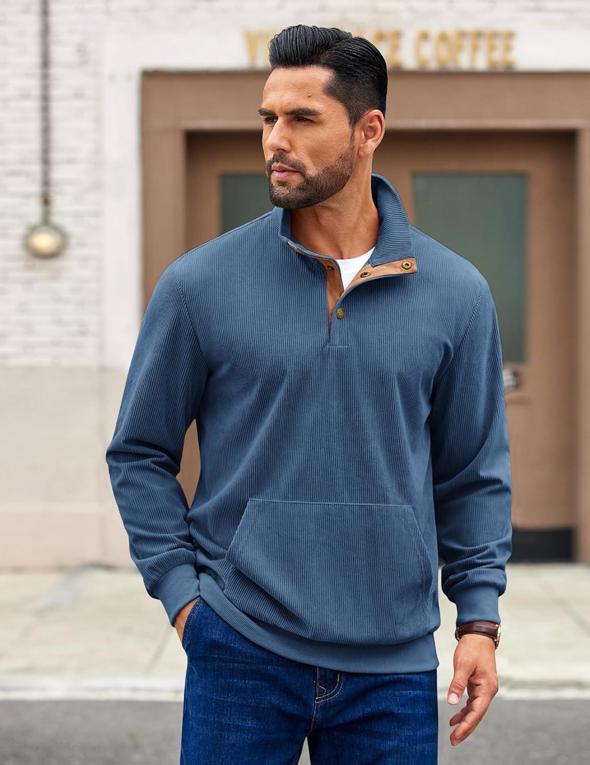 imageCOOFANDY Mens Corduroy Sweatshirt Long Sleeve Pullover Quarter Button Fall Sweat ShirtsGrey Blue