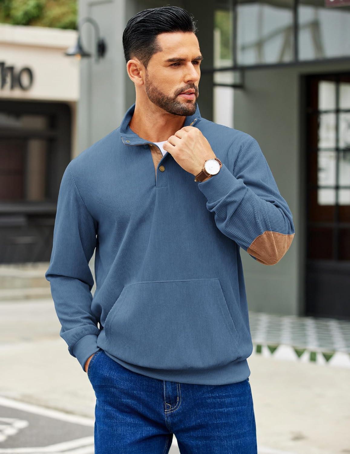 imageCOOFANDY Mens Corduroy Sweatshirt Long Sleeve Pullover Quarter Button Fall Sweat ShirtsGrey Blue
