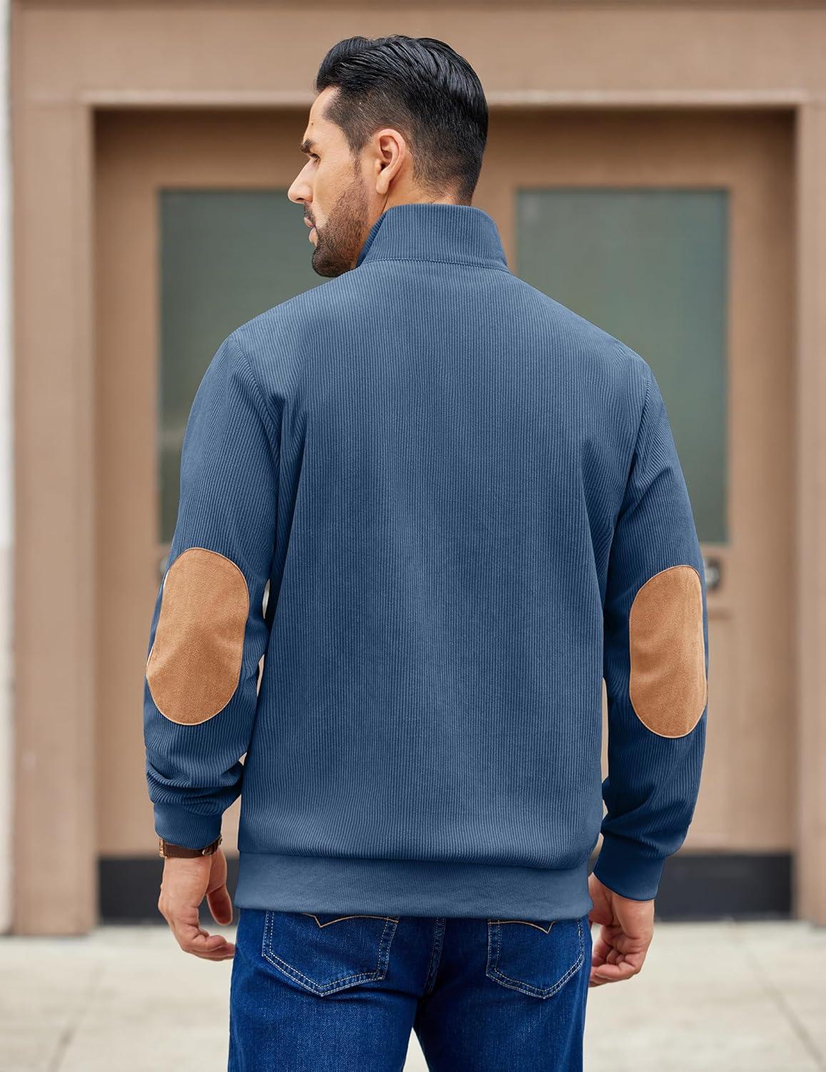 imageCOOFANDY Mens Corduroy Sweatshirt Long Sleeve Pullover Quarter Button Fall Sweat ShirtsGrey Blue