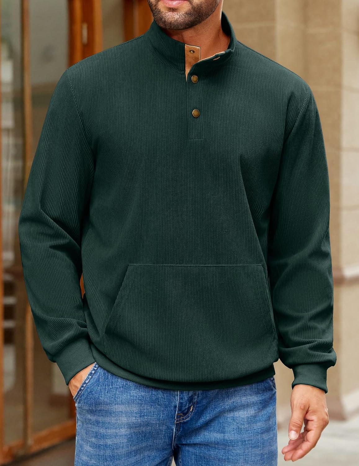 imageCOOFANDY Mens Corduroy Sweatshirt Long Sleeve Pullover Quarter Button Fall Sweat ShirtsLake Green