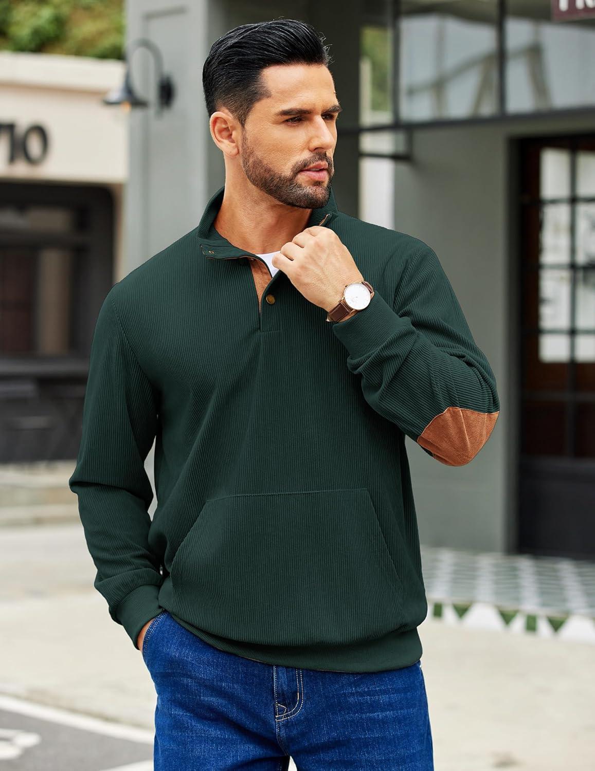 imageCOOFANDY Mens Corduroy Sweatshirt Long Sleeve Pullover Quarter Button Fall Sweat ShirtsLake Green