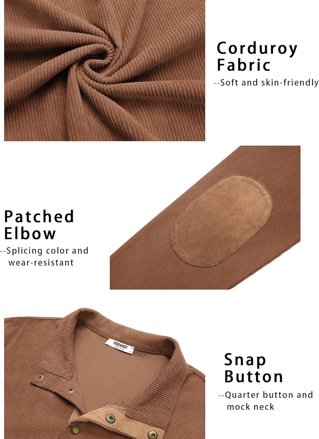 imageCOOFANDY Mens Corduroy Sweatshirt Long Sleeve Pullover Quarter Button Fall Sweat ShirtsLight Brown