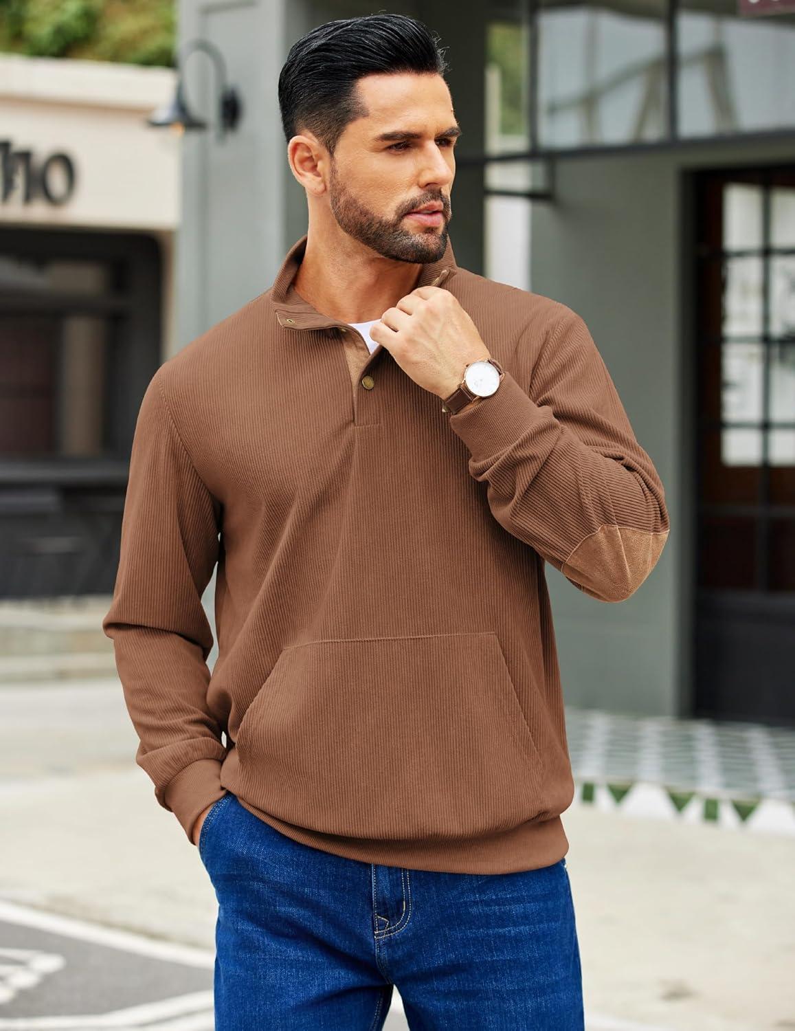 imageCOOFANDY Mens Corduroy Sweatshirt Long Sleeve Pullover Quarter Button Fall Sweat ShirtsLight Brown
