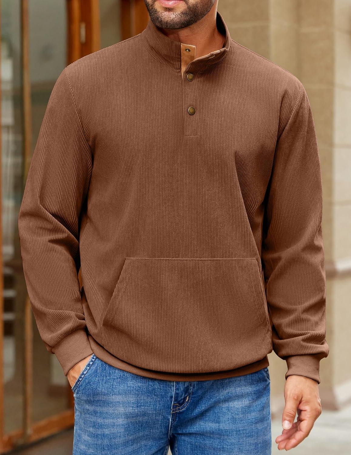 imageCOOFANDY Mens Corduroy Sweatshirt Long Sleeve Pullover Quarter Button Fall Sweat ShirtsLight Brown