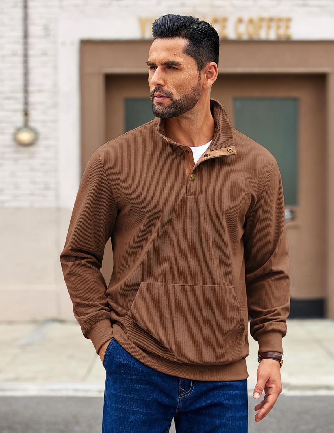 imageCOOFANDY Mens Corduroy Sweatshirt Long Sleeve Pullover Quarter Button Fall Sweat ShirtsLight Brown