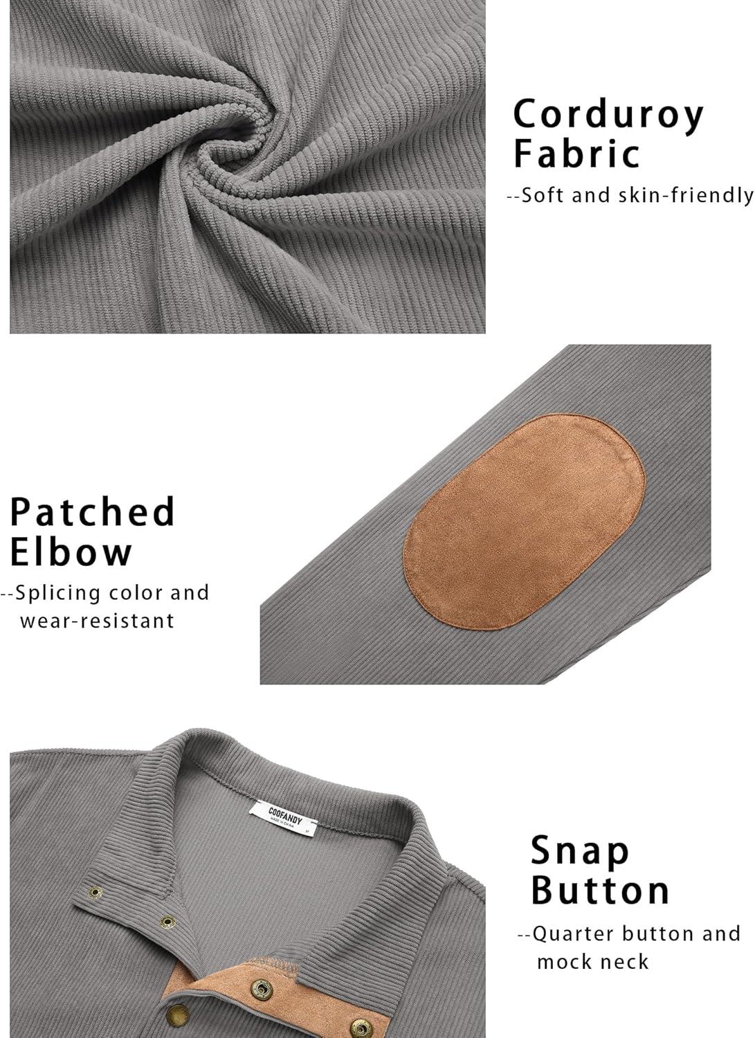 imageCOOFANDY Mens Corduroy Sweatshirt Long Sleeve Pullover Quarter Button Fall Sweat ShirtsLight Grey