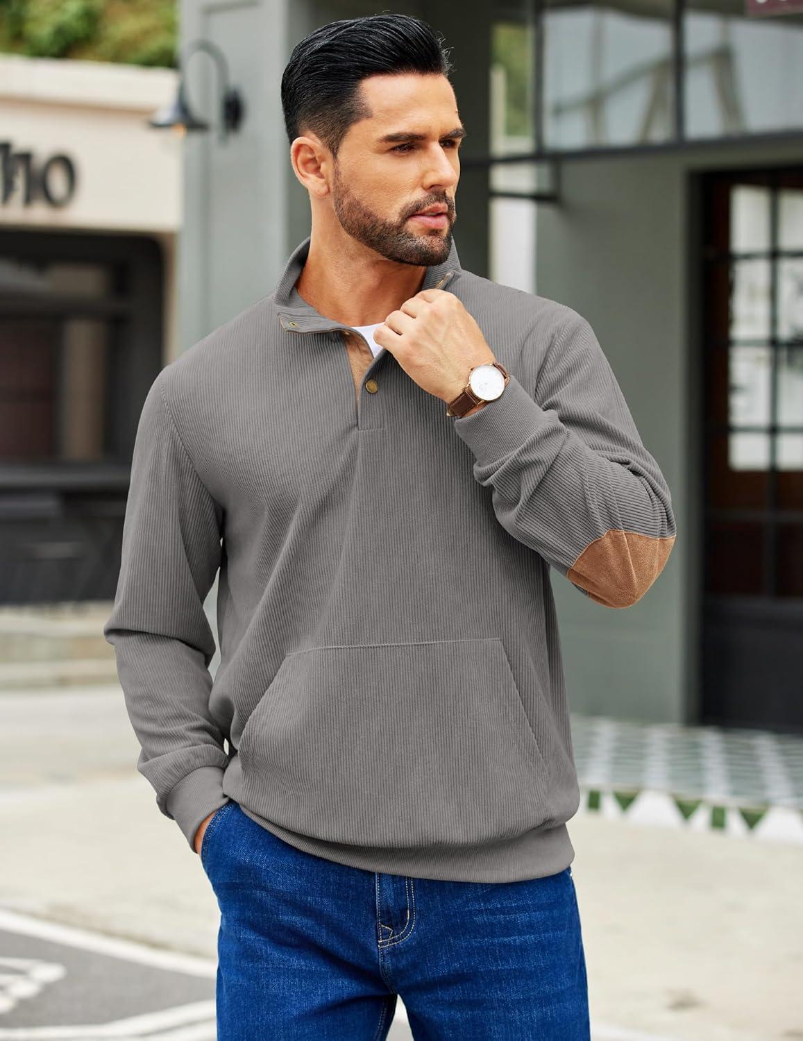 imageCOOFANDY Mens Corduroy Sweatshirt Long Sleeve Pullover Quarter Button Fall Sweat ShirtsLight Grey
