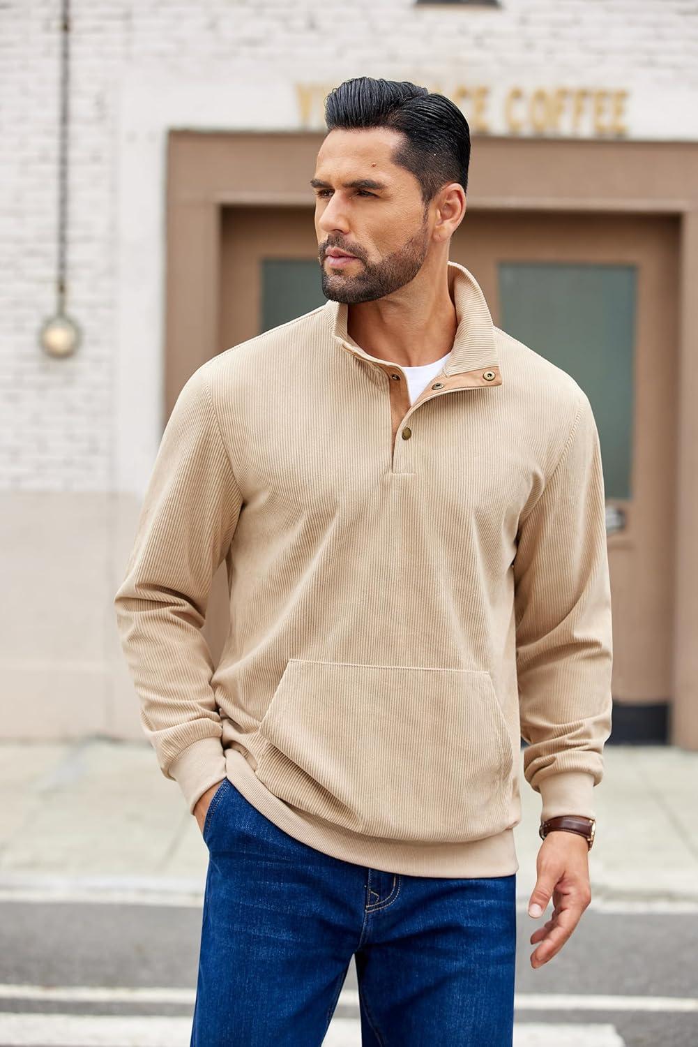 imageCOOFANDY Mens Corduroy Sweatshirt Long Sleeve Pullover Quarter Button Fall Sweat ShirtsLight Khaki