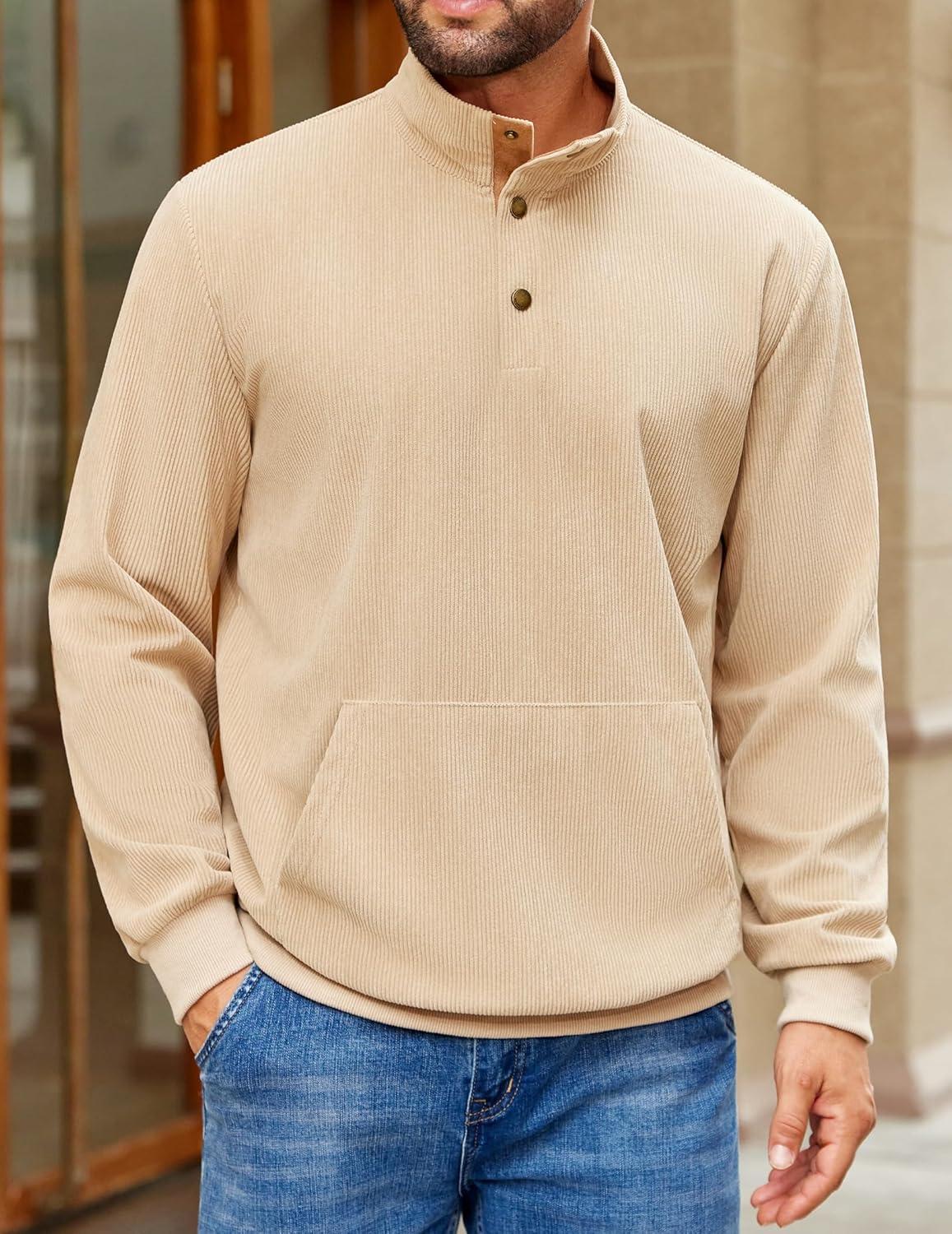 imageCOOFANDY Mens Corduroy Sweatshirt Long Sleeve Pullover Quarter Button Fall Sweat ShirtsLight Khaki