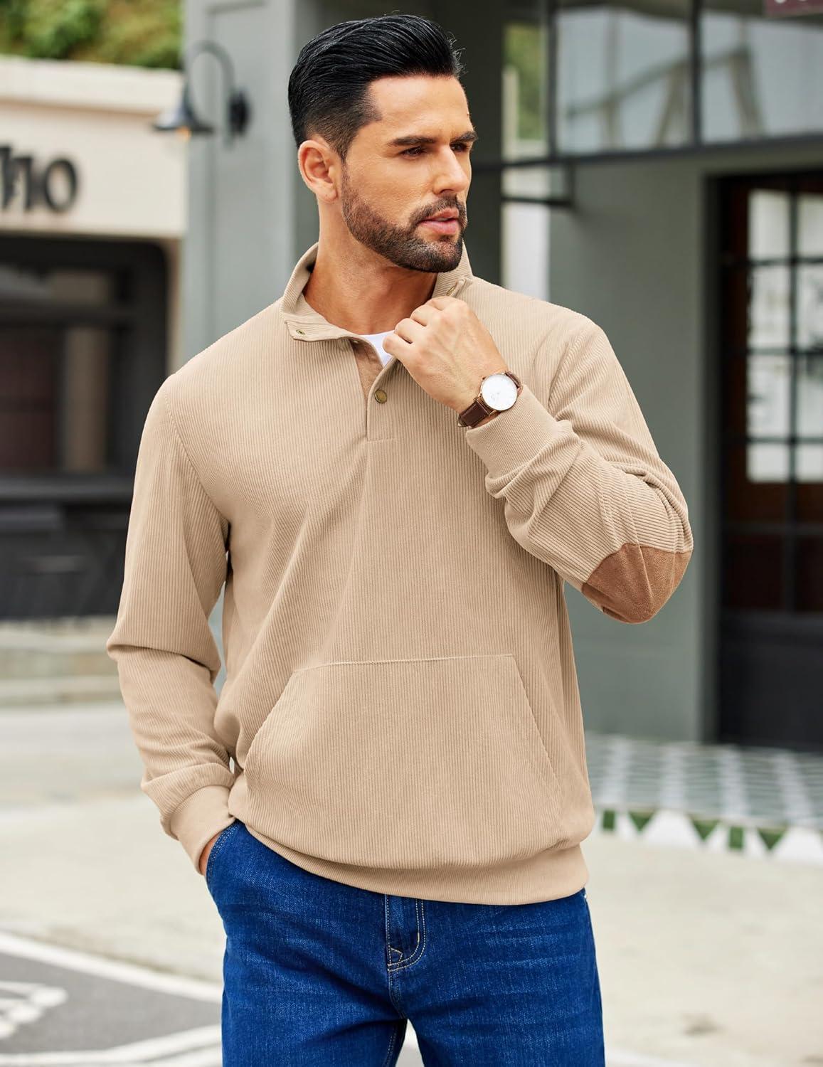 imageCOOFANDY Mens Corduroy Sweatshirt Long Sleeve Pullover Quarter Button Fall Sweat ShirtsLight Khaki
