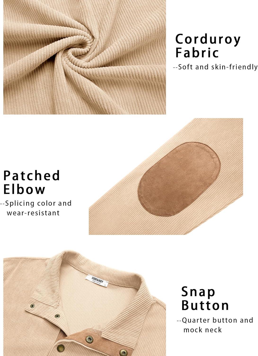 imageCOOFANDY Mens Corduroy Sweatshirt Long Sleeve Pullover Quarter Button Fall Sweat ShirtsLight Khaki