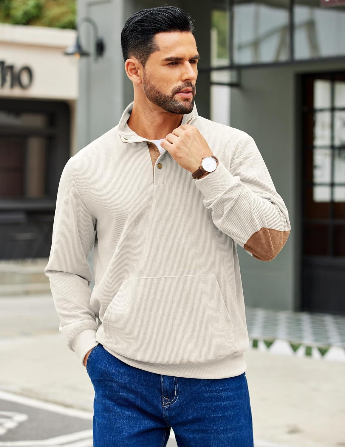 imageCOOFANDY Mens Corduroy Sweatshirt Long Sleeve Pullover Quarter Button Fall Sweat ShirtsMoon Grey