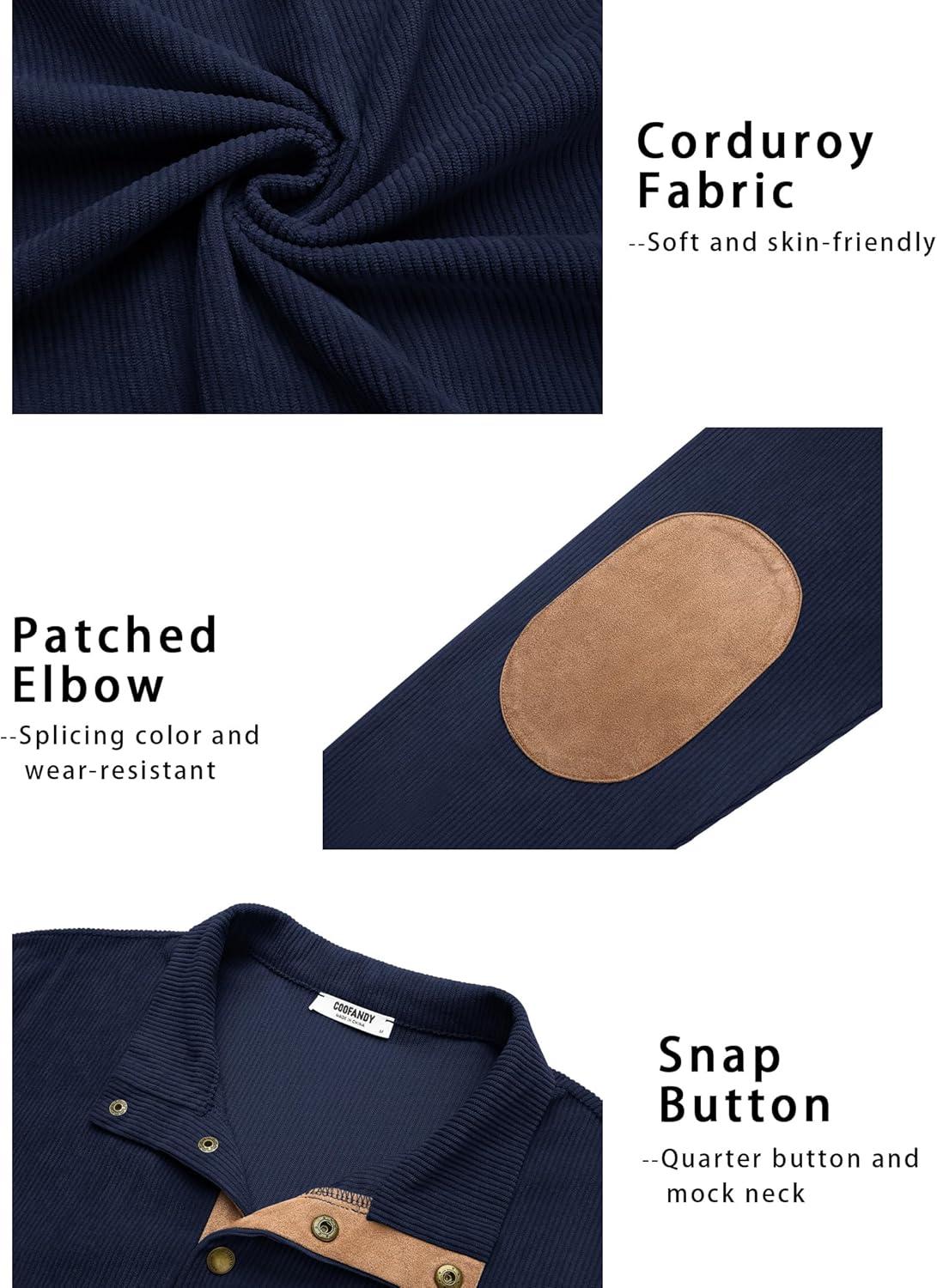 imageCOOFANDY Mens Corduroy Sweatshirt Long Sleeve Pullover Quarter Button Fall Sweat ShirtsNavy Blue
