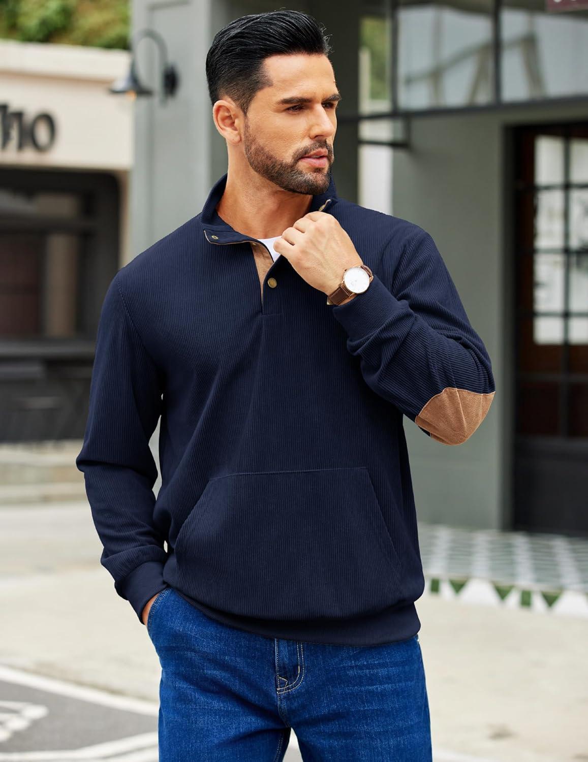 imageCOOFANDY Mens Corduroy Sweatshirt Long Sleeve Pullover Quarter Button Fall Sweat ShirtsNavy Blue