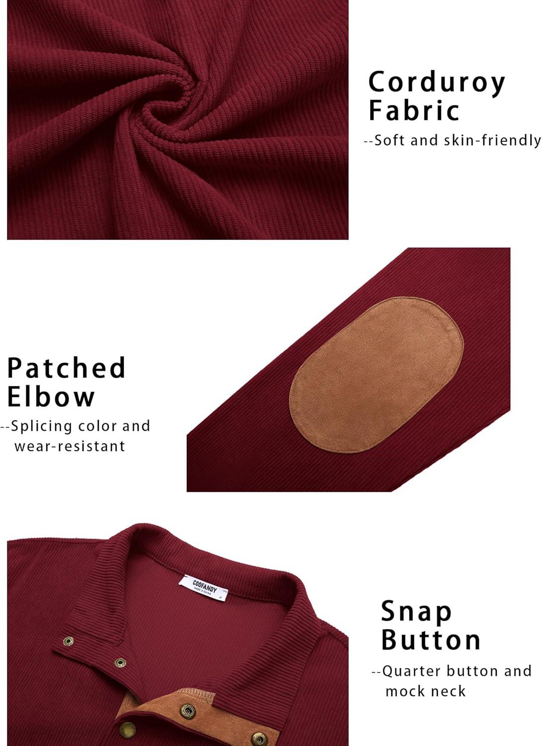 imageCOOFANDY Mens Corduroy Sweatshirt Long Sleeve Pullover Quarter Button Fall Sweat ShirtsWine Red