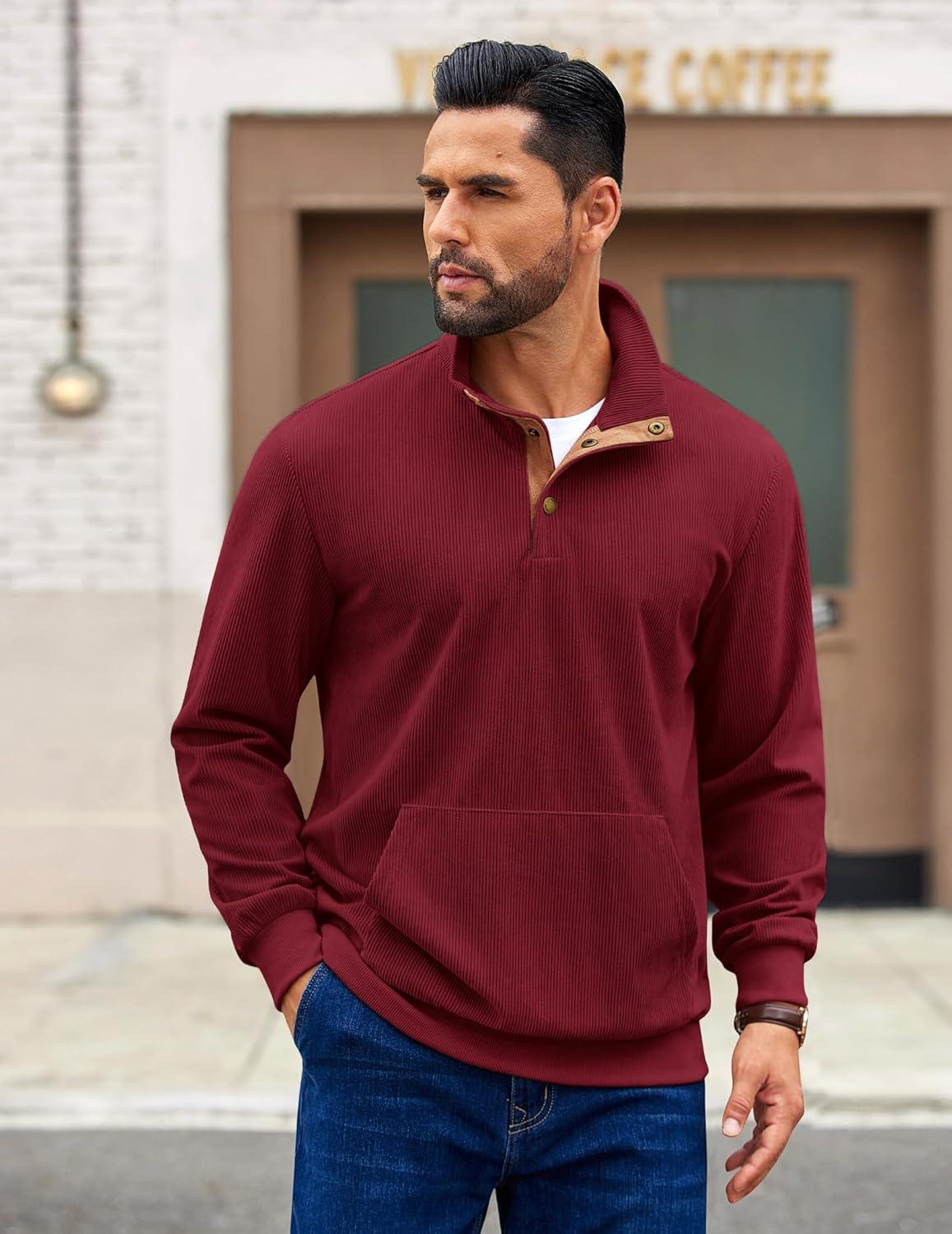 imageCOOFANDY Mens Corduroy Sweatshirt Long Sleeve Pullover Quarter Button Fall Sweat ShirtsWine Red