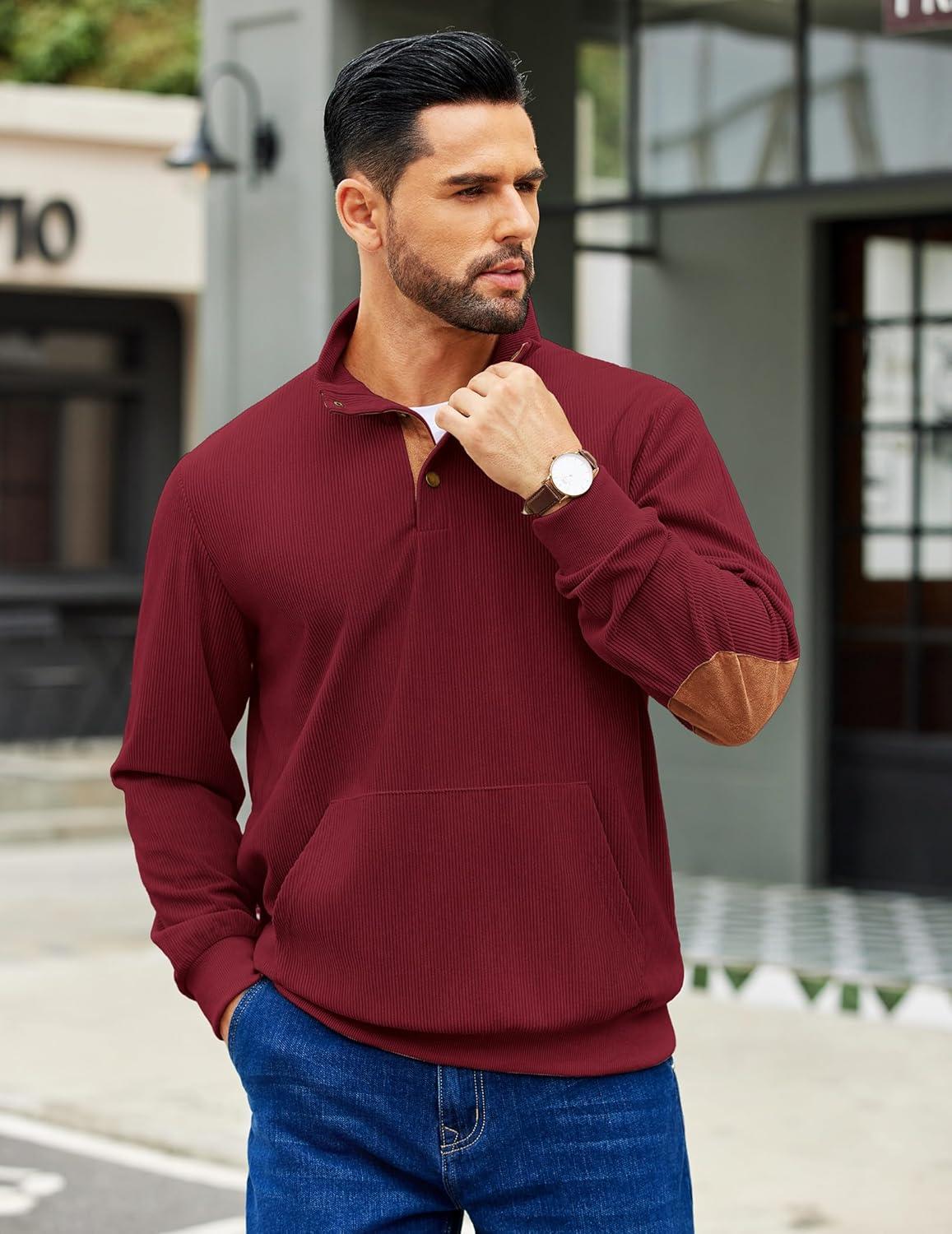 imageCOOFANDY Mens Corduroy Sweatshirt Long Sleeve Pullover Quarter Button Fall Sweat ShirtsWine Red