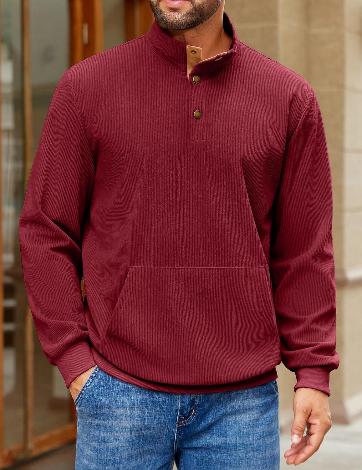 imageCOOFANDY Mens Corduroy Sweatshirt Long Sleeve Pullover Quarter Button Fall Sweat ShirtsWine Red