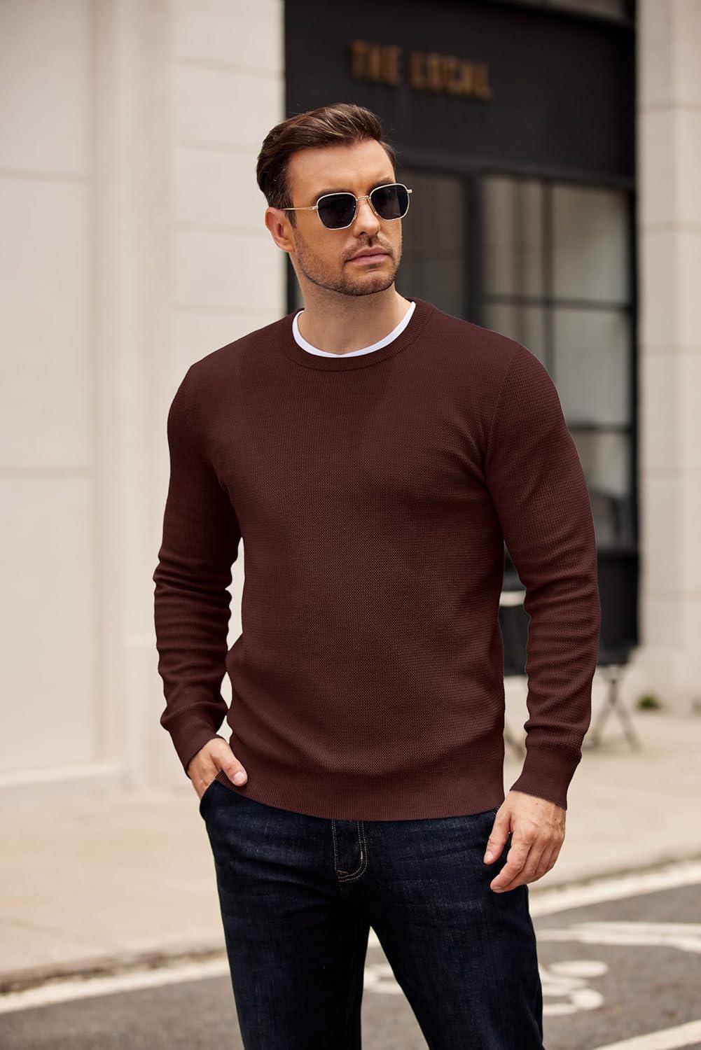imageCOOFANDY Mens Crewneck Sweater Dress Long Sleeve Pullover Sweater Knit Lightweight SweatersBrown