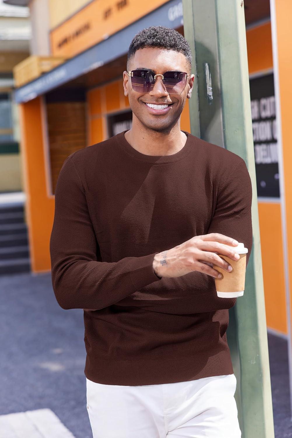 imageCOOFANDY Mens Crewneck Sweater Dress Long Sleeve Pullover Sweater Knit Lightweight SweatersBrown