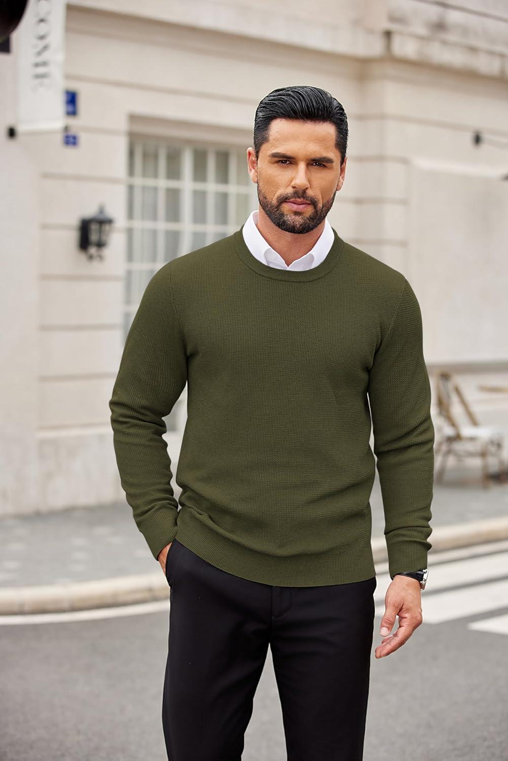 imageCOOFANDY Mens Crewneck Sweater Dress Long Sleeve Pullover Sweater Knit Lightweight SweatersDark Green