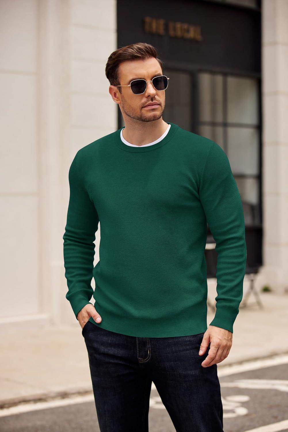 imageCOOFANDY Mens Crewneck Sweater Dress Long Sleeve Pullover Sweater Knit Lightweight SweatersGreen