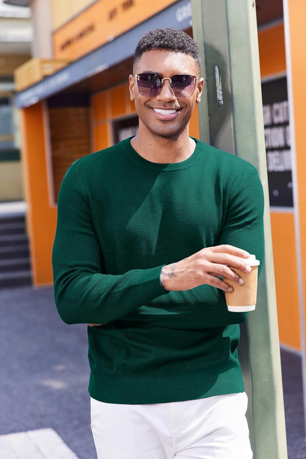 imageCOOFANDY Mens Crewneck Sweater Dress Long Sleeve Pullover Sweater Knit Lightweight SweatersGreen