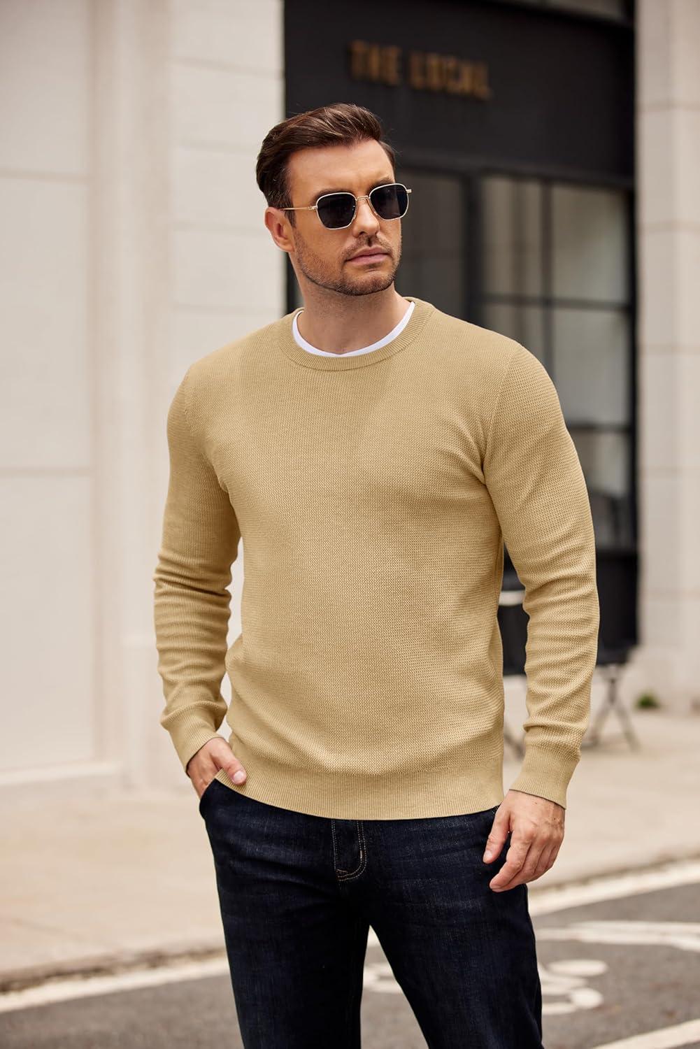 imageCOOFANDY Mens Crewneck Sweater Dress Long Sleeve Pullover Sweater Knit Lightweight SweatersKhaki