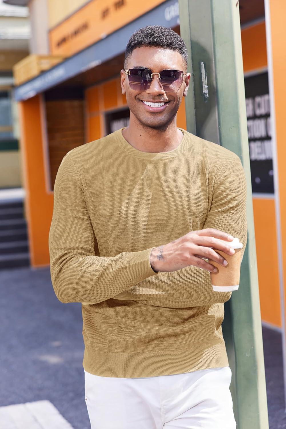 imageCOOFANDY Mens Crewneck Sweater Dress Long Sleeve Pullover Sweater Knit Lightweight SweatersKhaki