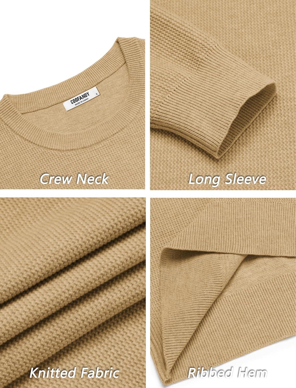 imageCOOFANDY Mens Crewneck Sweater Dress Long Sleeve Pullover Sweater Knit Lightweight SweatersKhaki