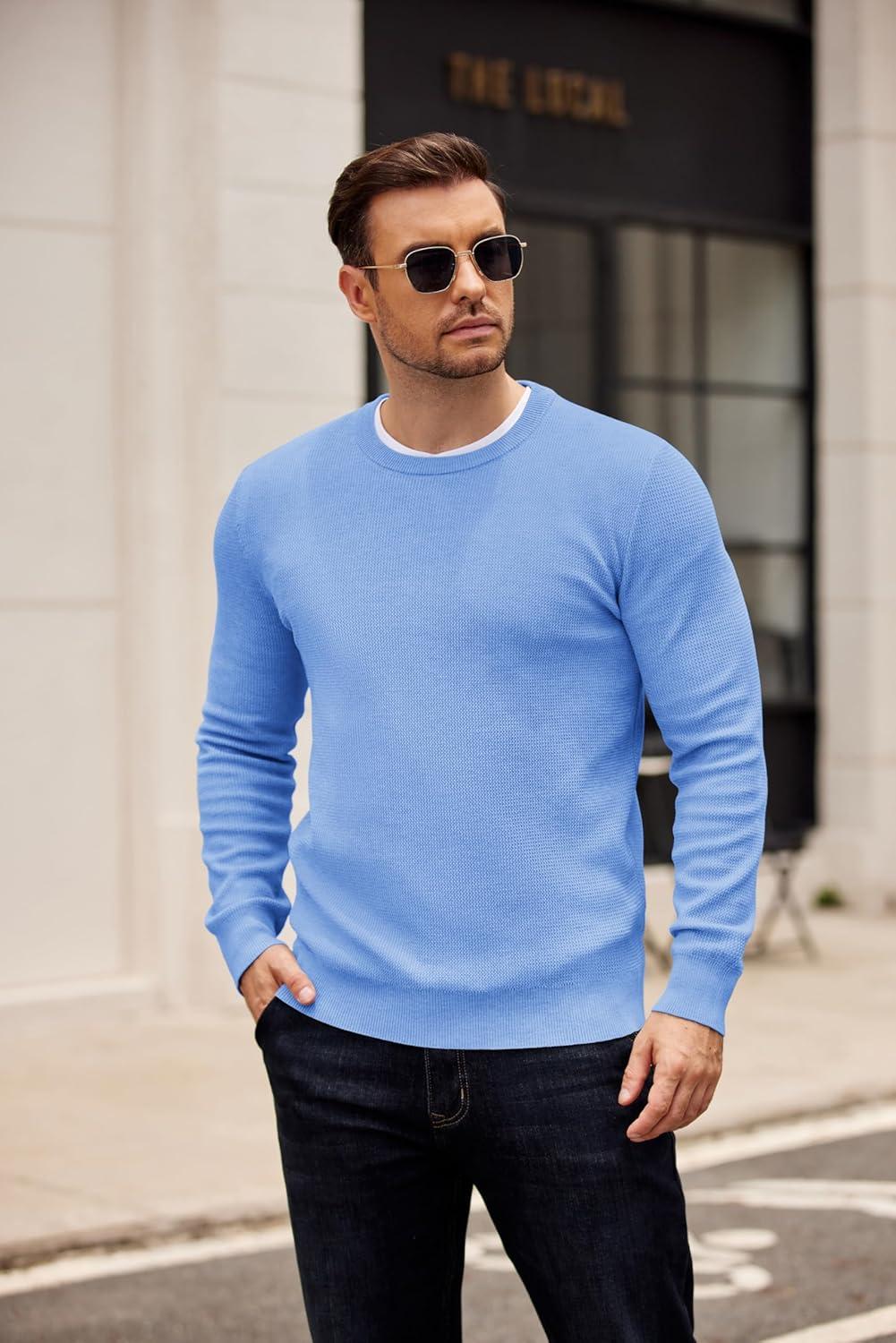imageCOOFANDY Mens Crewneck Sweater Dress Long Sleeve Pullover Sweater Knit Lightweight SweatersLight Blue