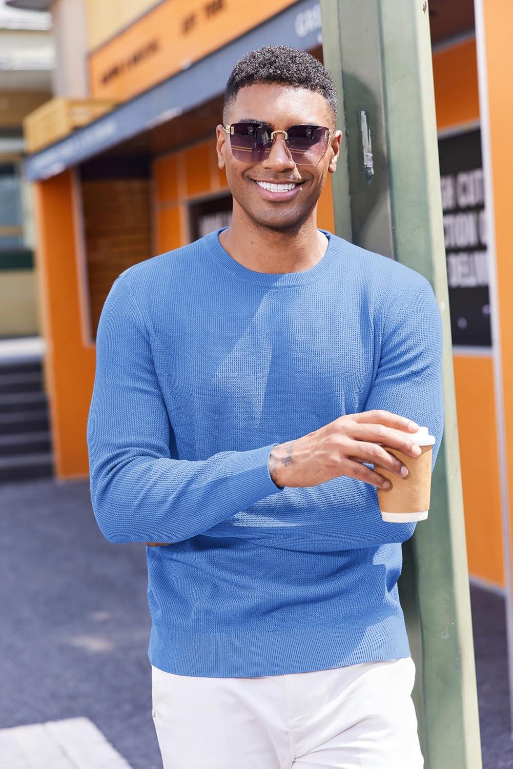 imageCOOFANDY Mens Crewneck Sweater Dress Long Sleeve Pullover Sweater Knit Lightweight SweatersLight Blue