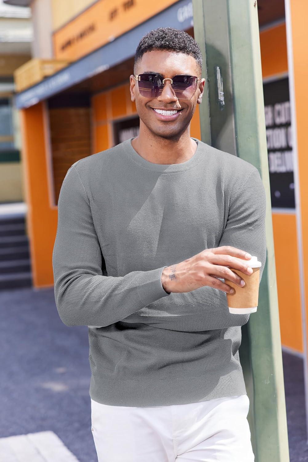 imageCOOFANDY Mens Crewneck Sweater Dress Long Sleeve Pullover Sweater Knit Lightweight SweatersLight Grey